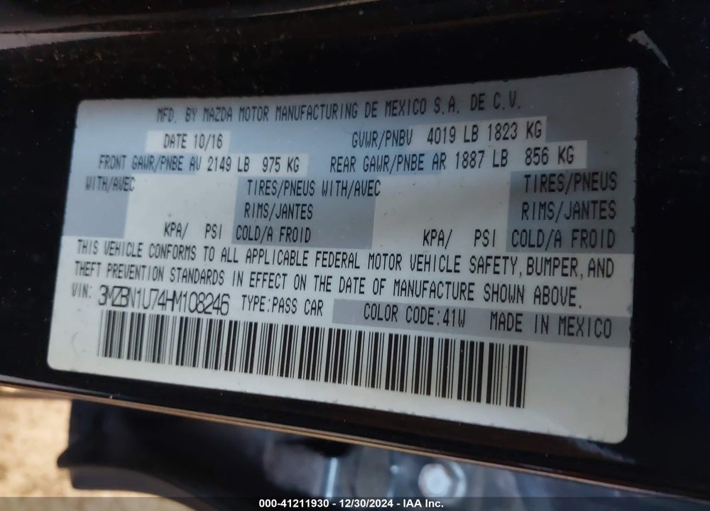 2017 MAZDA MAZDA3 VIN: 3MZBN1U74HM108246