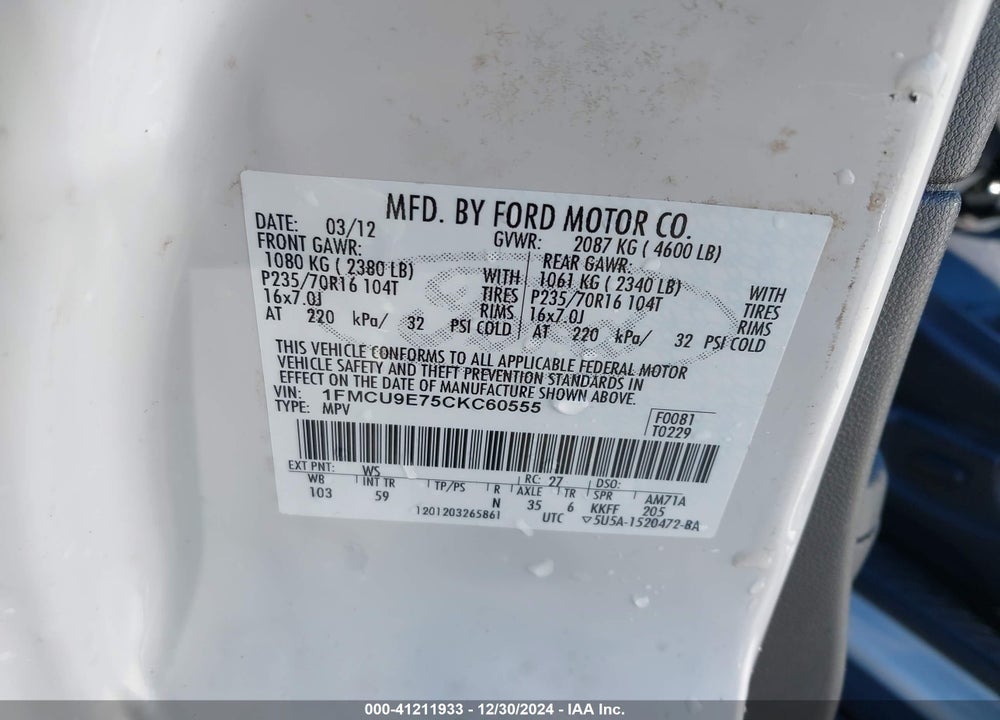 2012 FORD ESCAPE LIMITED VIN: 1FMCU9E75CKC60555