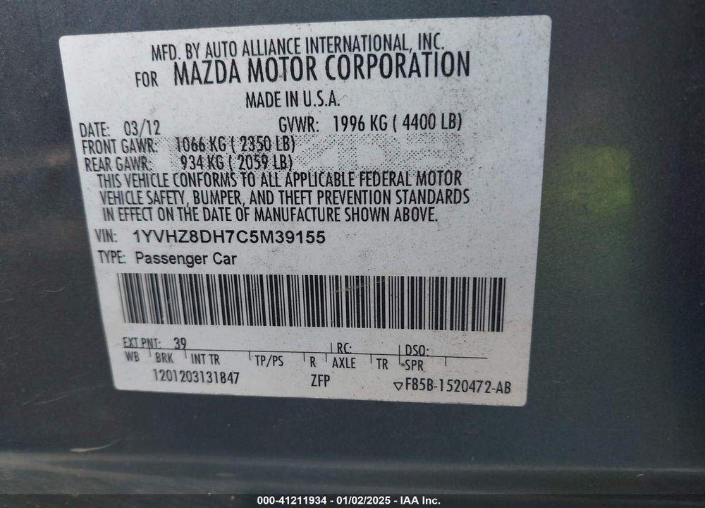 2012 MAZDA MAZDA6 VIN: 1YVHZ8DH7C5M39155