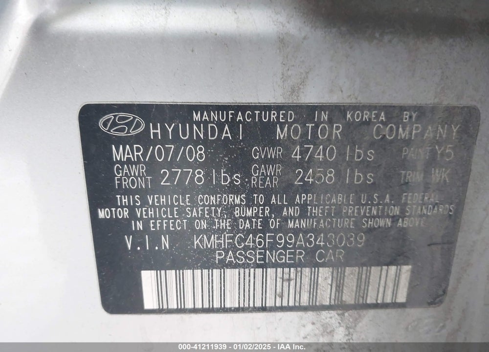 2009 HYUNDAI AZERA VIN: KMHFC46F99A343039