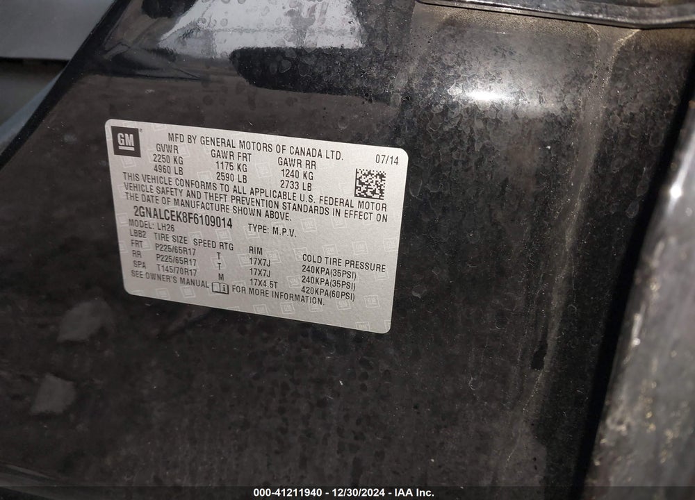 2015 CHEVROLET EQUINOX VIN: 2GNALCEK8F6109014