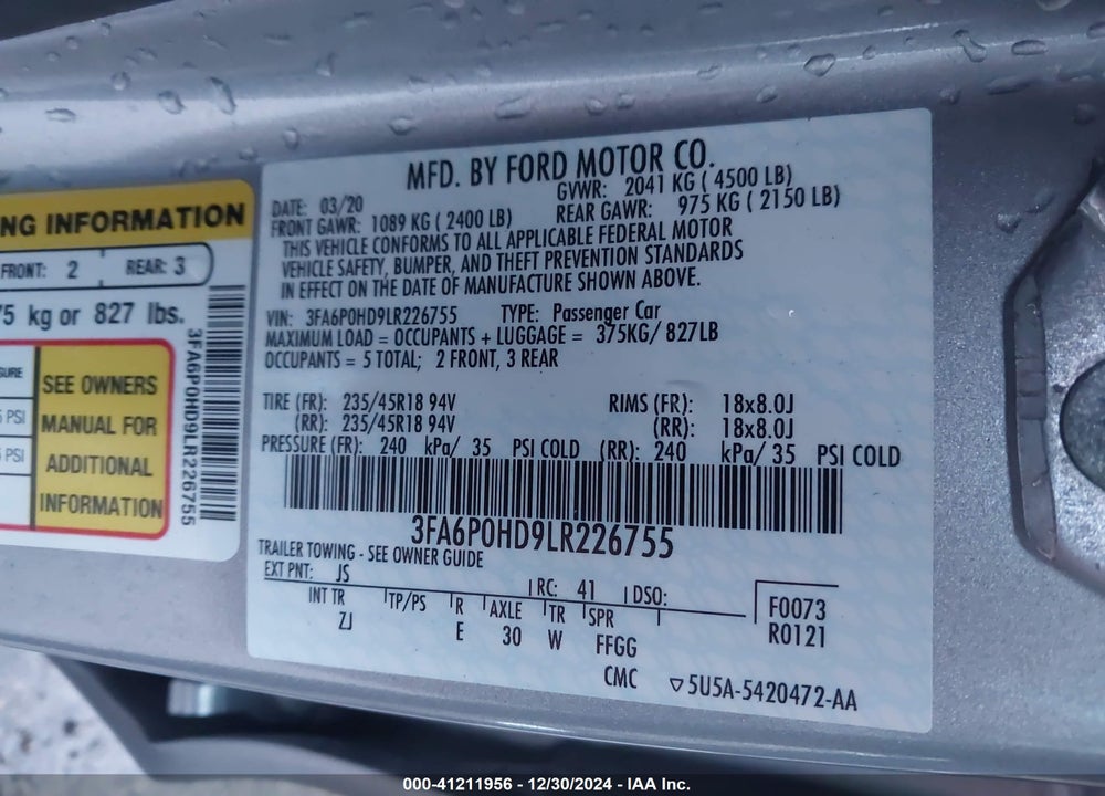 2020 FORD FUSION VIN: 3FA6P0HD9LR226755