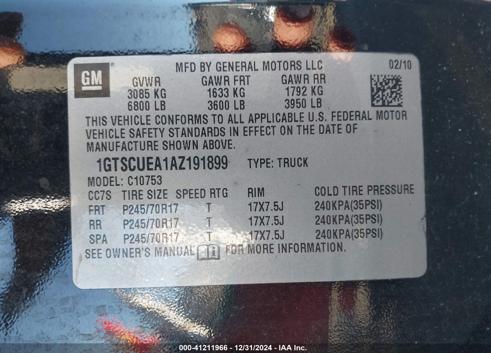 2010 GMC SIERRA 1500 SL VIN: 1GTSCUEA1AZ191899