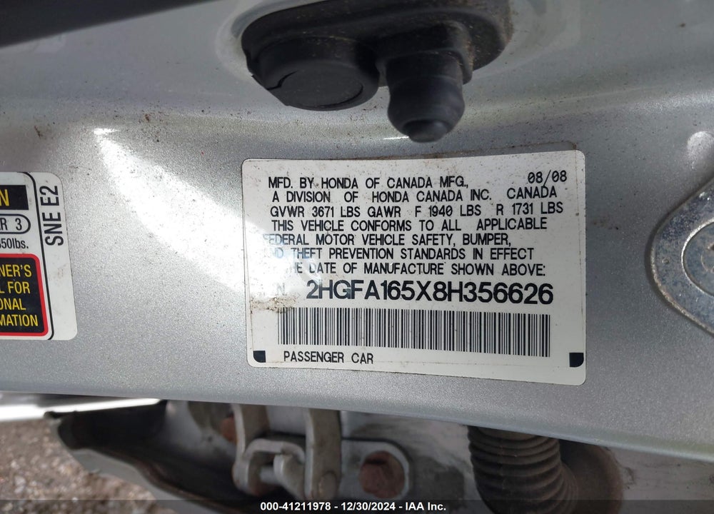 2008 HONDA CIVIC LX VIN: 2HGFA165X8H356626