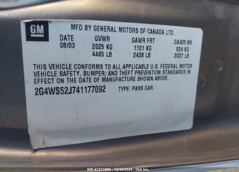 2004 BUICK CENTURY VIN: 2G4WS52J741177092