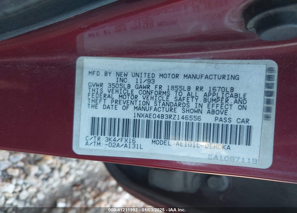 1994 TOYOTA COROLLA VIN: 1NXAE04B3RZ146556