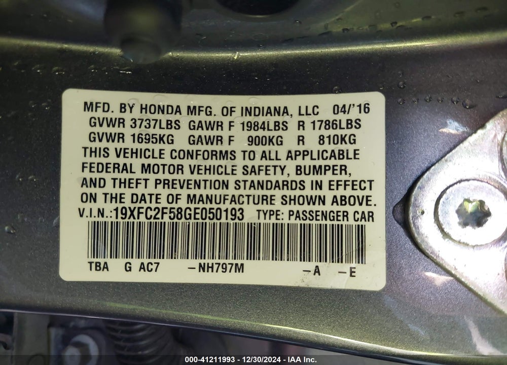 2016 HONDA CIVIC VIN: 19XFC2F58GE050193