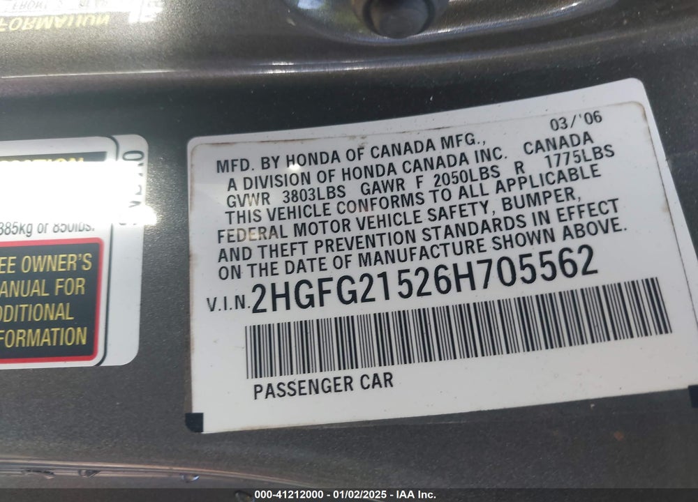 2006 HONDA CIVIC SI VIN: 2HGFG21526H705562