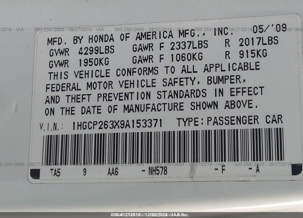 2009 HONDA ACCORD 2.4 LX VIN: 1HGCP263X9A153371