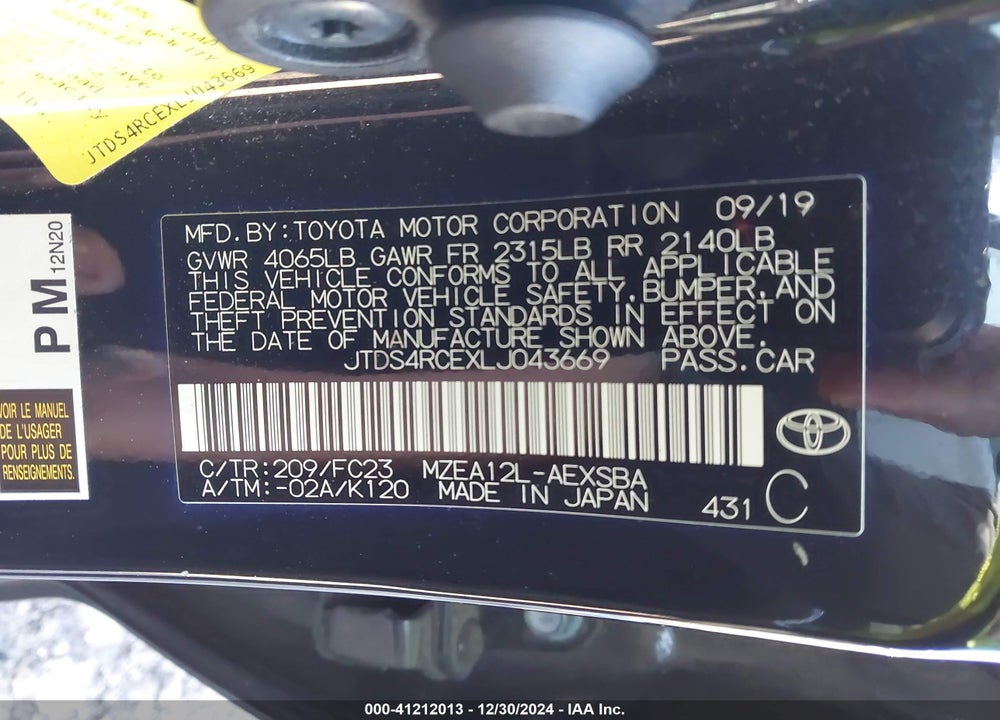 2020 TOYOTA COROLLA SE VIN: JTDS4RCEXLJ043669