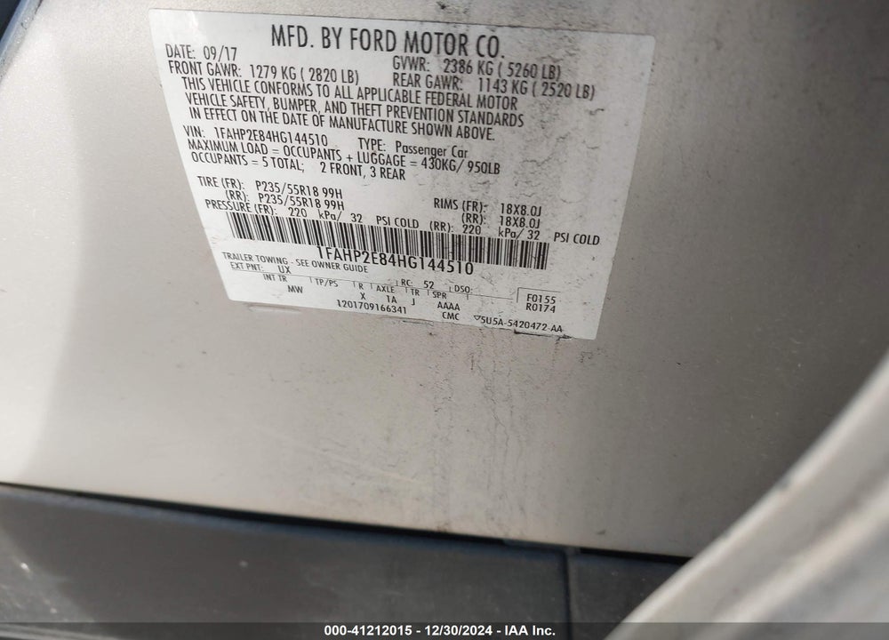 2017 FORD TAURUS VIN: 1FAHP2E84HG144510