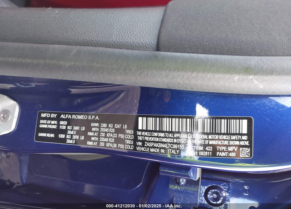 2020 ALFA ROMEO STELVIO TI VIN: ZASPAKBN4L7C99155