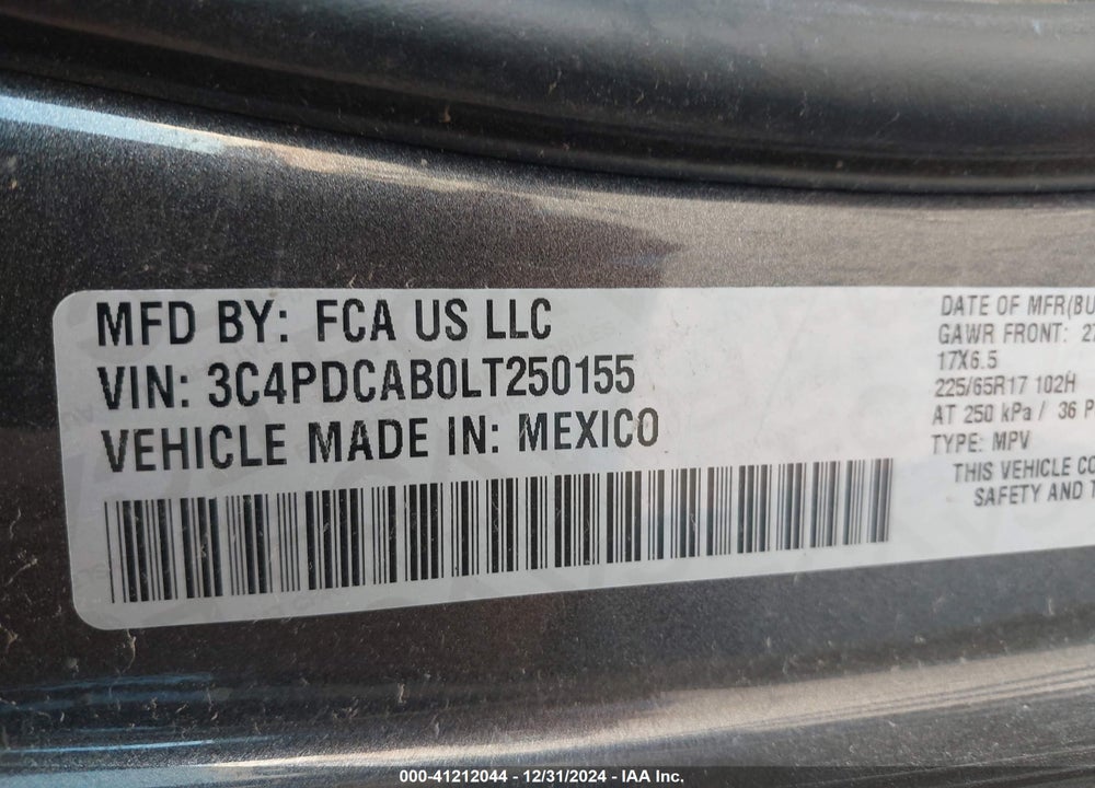 2020 DODGE JOURNEY SE VALUE VIN: 3C4PDCAB0LT250155