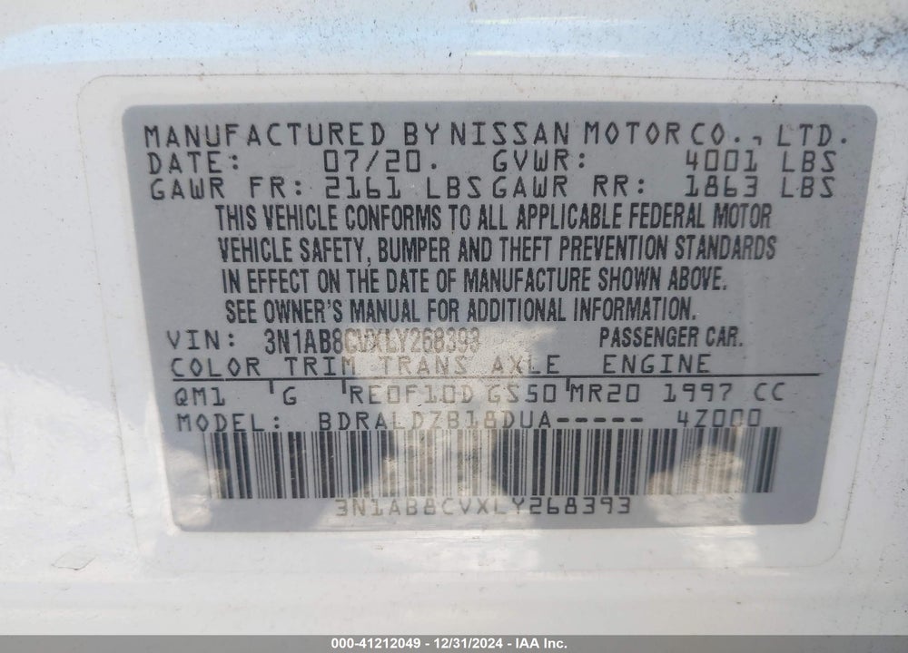 2020 NISSAN SENTRA VIN: 3N1AB8CVXLY268393