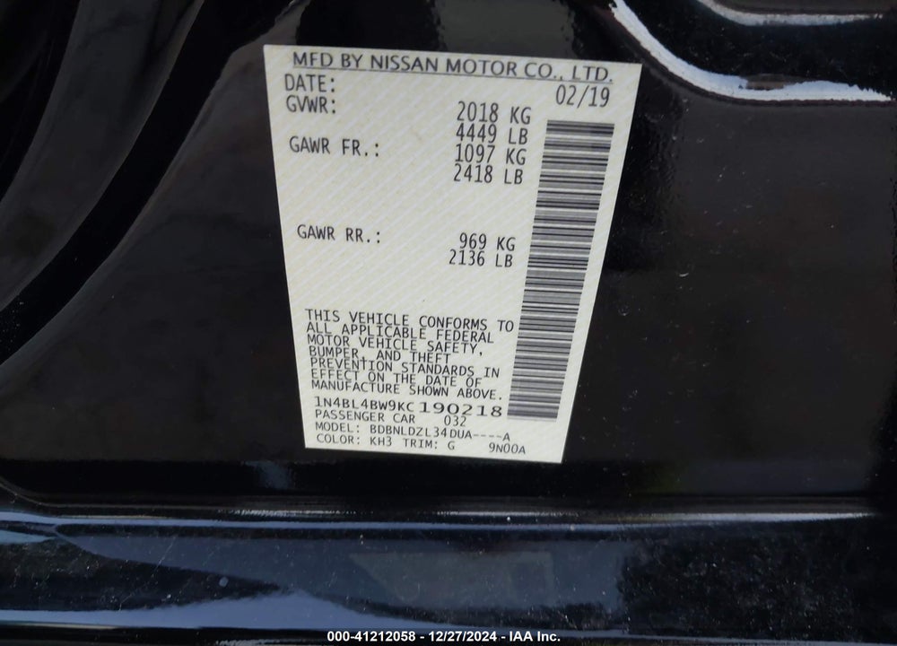 2019 NISSAN ALTIMA 2.5 S VIN: 1N4BL4BW9KC190218
