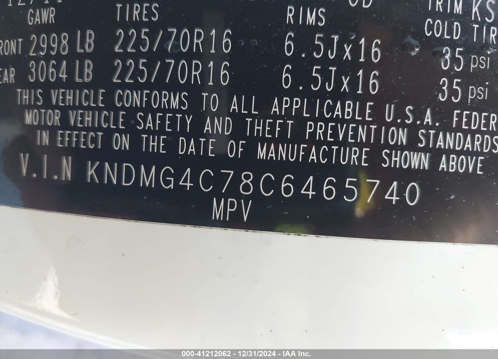 2012 KIA SEDONA LX VIN: KNDMG4C78C6465740