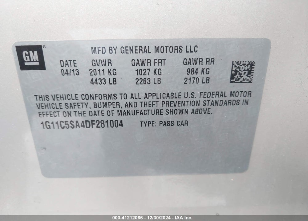 2013 CHEVROLET MALIBU 1LT VIN: 1G11C5SA4DF281004