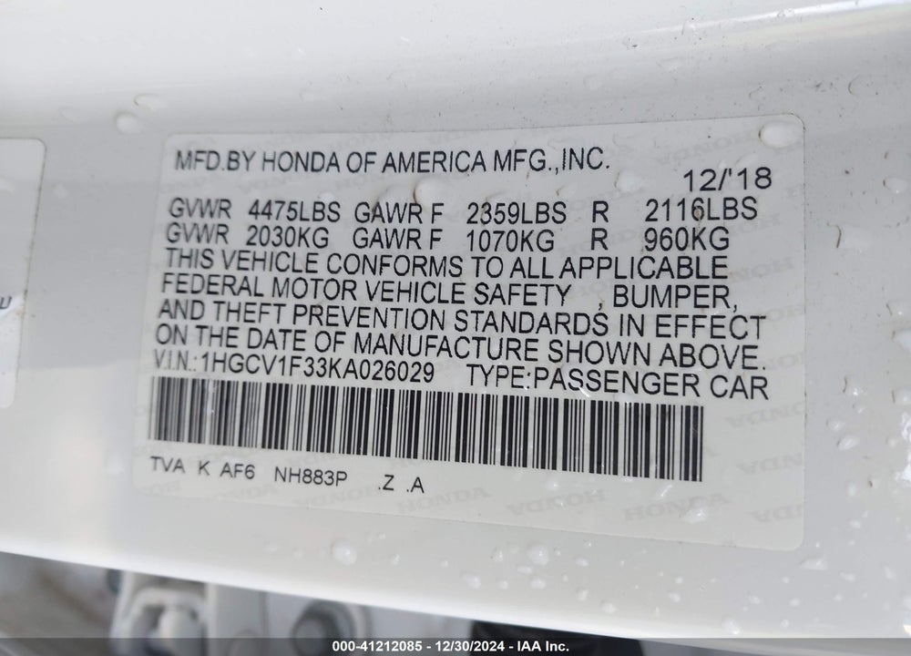 2019 HONDA ACCORD SPORT VIN: 1HGCV1F33KA026029