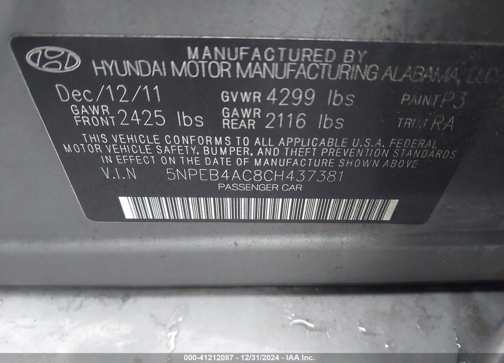 2012 HYUNDAI SONATA GLS VIN: 5NPEB4AC8CH437381