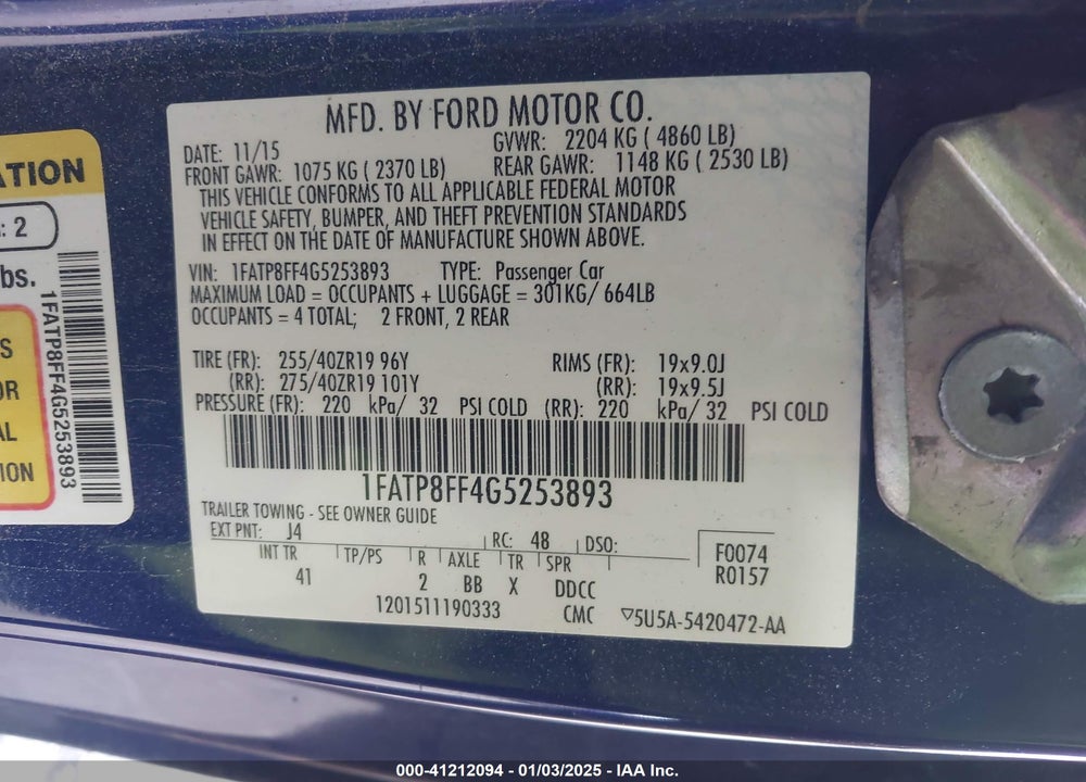 2016 FORD MUSTANG VIN: 1FATP8FF4G5253893