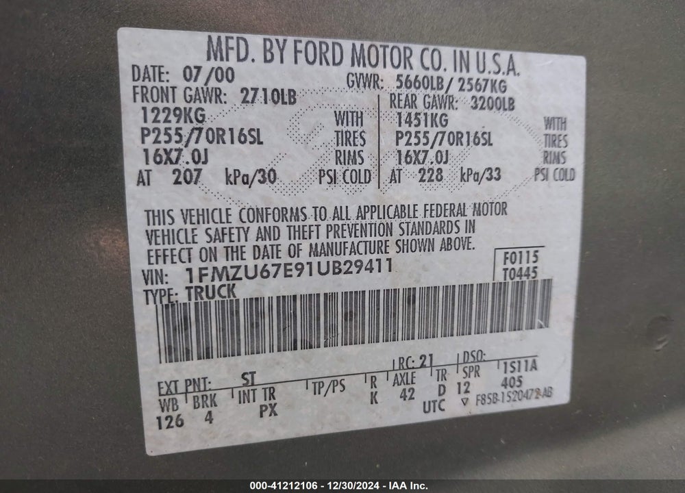 2001 FORD EXPLORER SPORT TRAC VIN: 1FMZU67E91UB29411