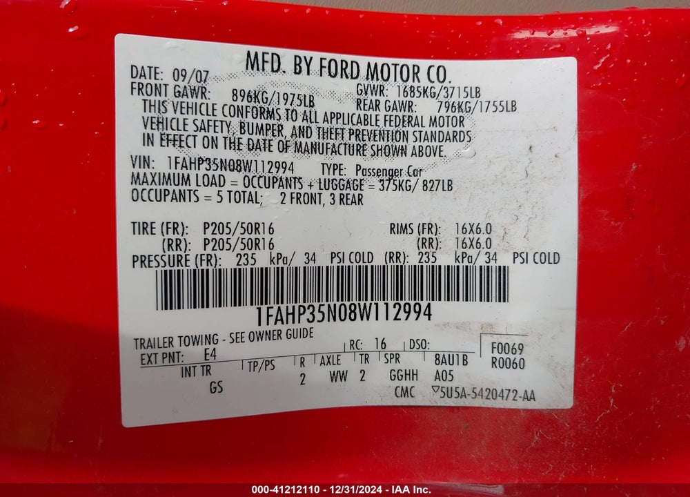 2008 FORD FOCUS SE/SES VIN: 1FAHP35N08W112994