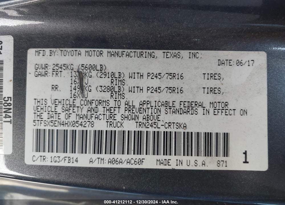 2017 TOYOTA TACOMA SR VIN: 5TFSX5EN4HX054278