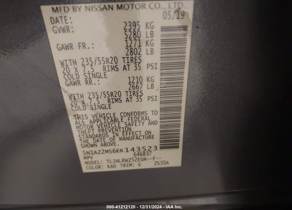 2019 NISSAN MURANO S/SL/SV/PLATINUM VIN: 5N1AZ2MS6KN143523