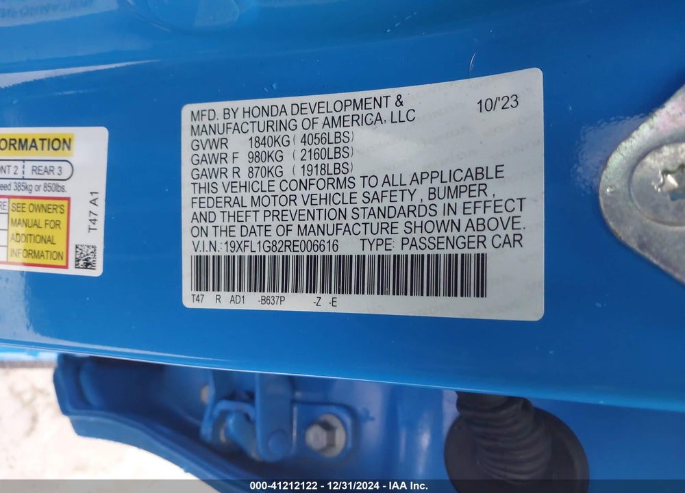 2024 HONDA CIVIC VIN: 19XFL1G82RE006616