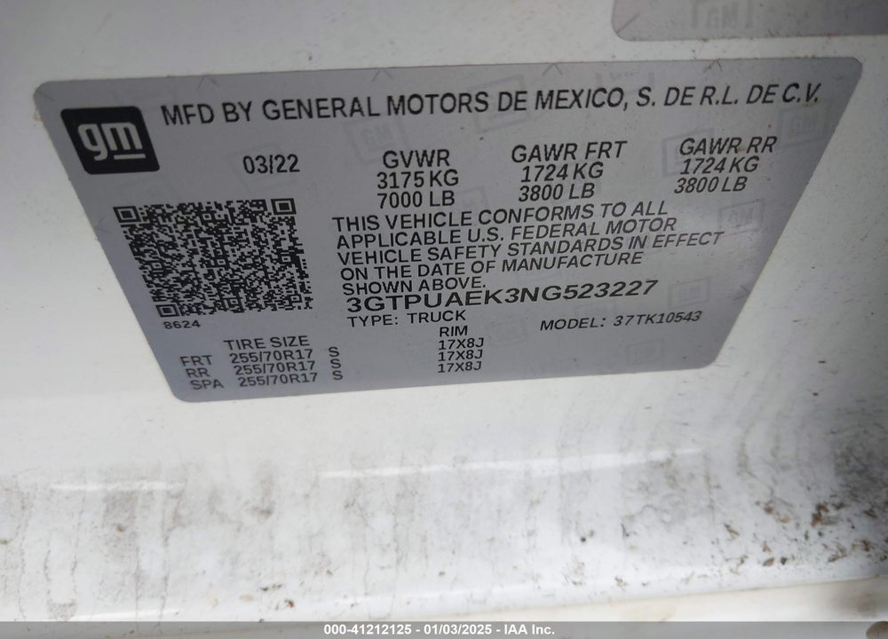 2022 GMC SIERRA 1500 4WD SHORT BOX PRO VIN: 3GTPUAEK3NG523227
