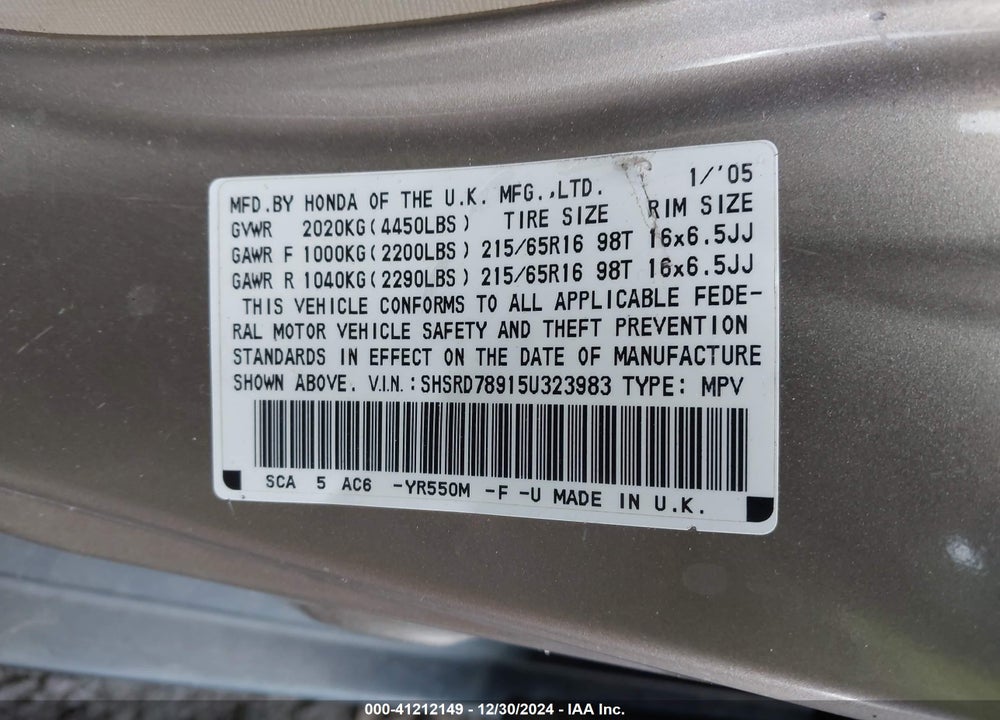 2005 HONDA CR-V SE VIN: SHSRD78915U323983