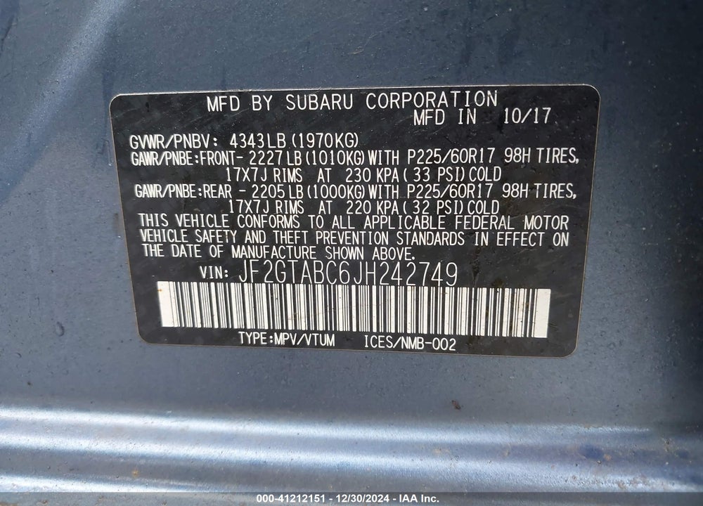 2018 SUBARU CROSSTREK 2.0I PREMIUM VIN: JF2GTABC6JH242749