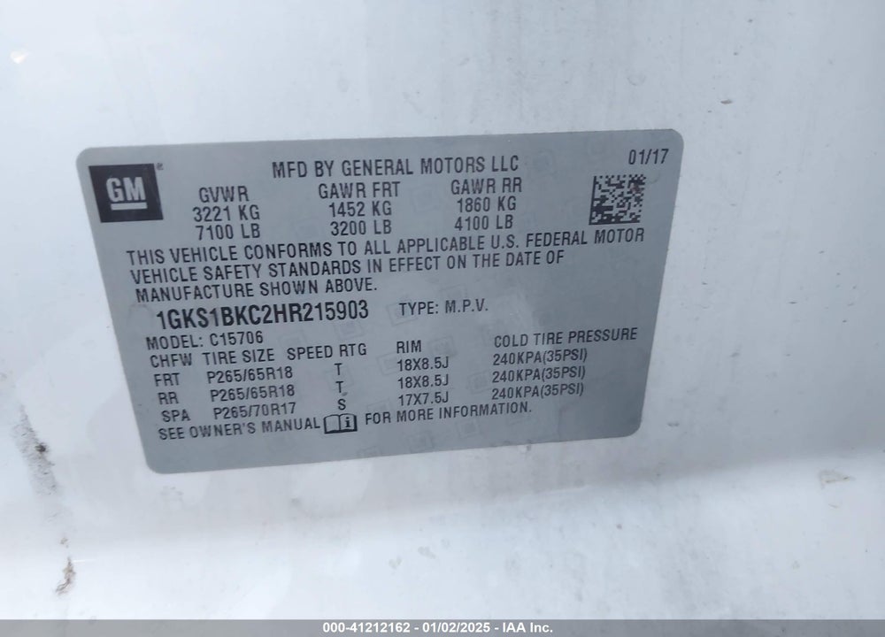 2017 GMC YUKON SLT VIN: 1GKS1BKC2HR215903