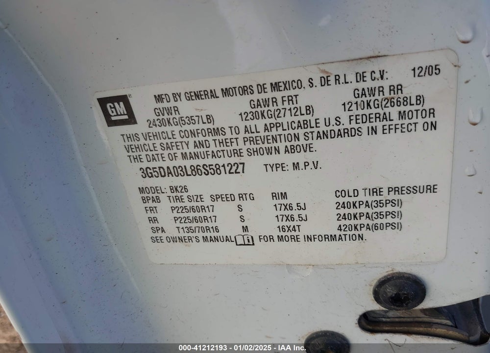 2006 BUICK RENDEZVOUS CX VIN: 3G5DA03L86S581227