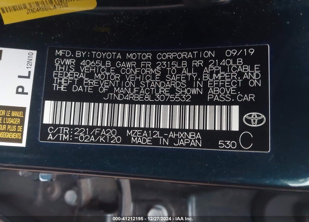 2020 TOYOTA COROLLA VIN: JTND4RBE8L3075532