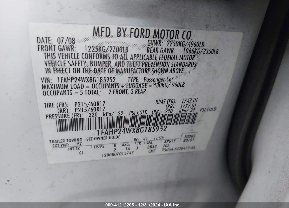2008 FORD TAURUS SEL VIN: 1FAHP24WX8G185952