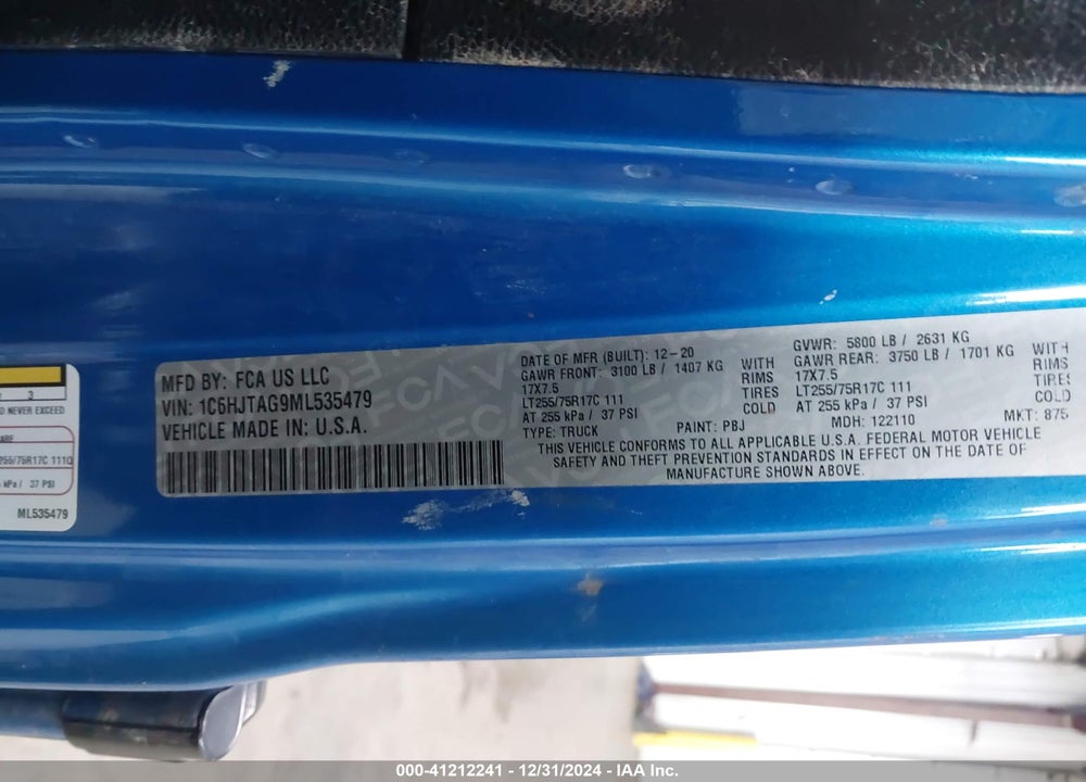 2021 JEEP GLADIATOR VIN: 1C6HJTAG9ML535479