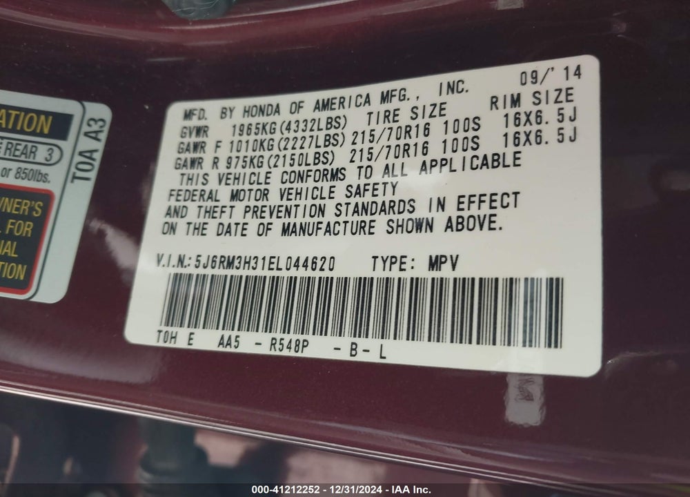 2014 HONDA CR-V LX VIN: 5J6RM3H31EL044620