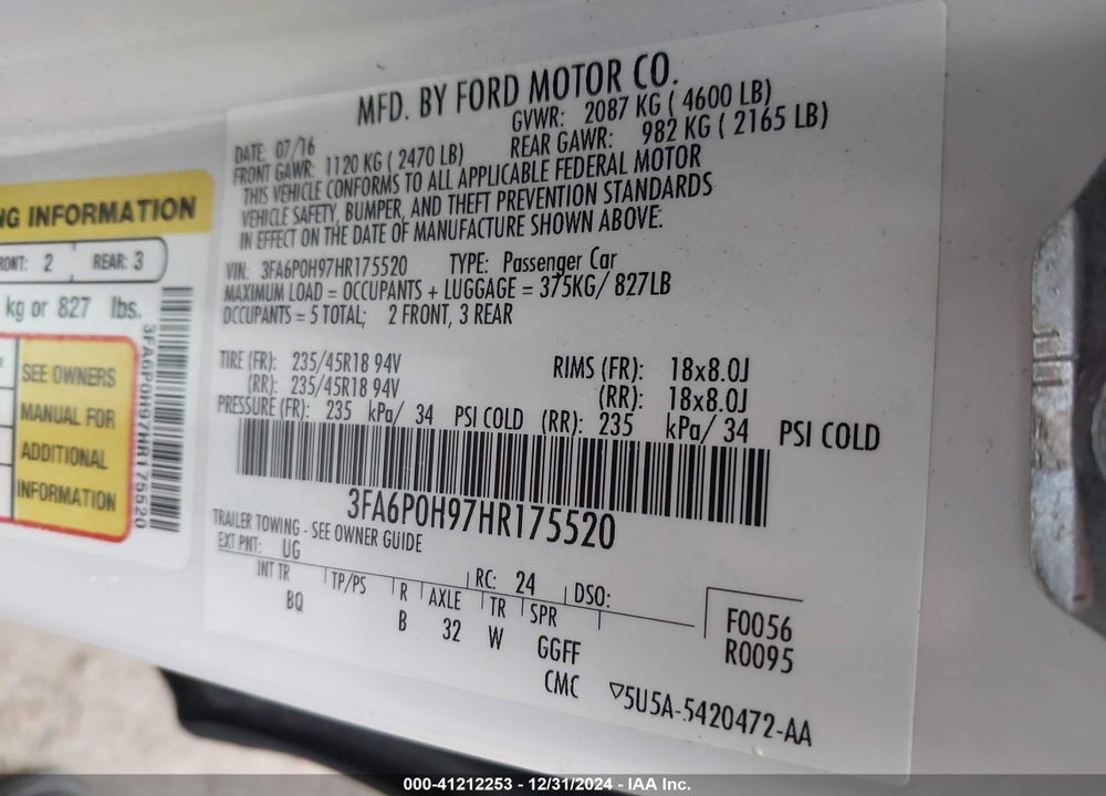 2017 FORD FUSION SE VIN: 3FA6P0H97HR175520