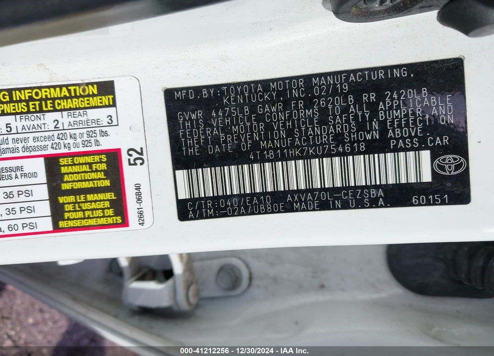 2019 TOYOTA CAMRY VIN: 4T1B11HK7KU754618
