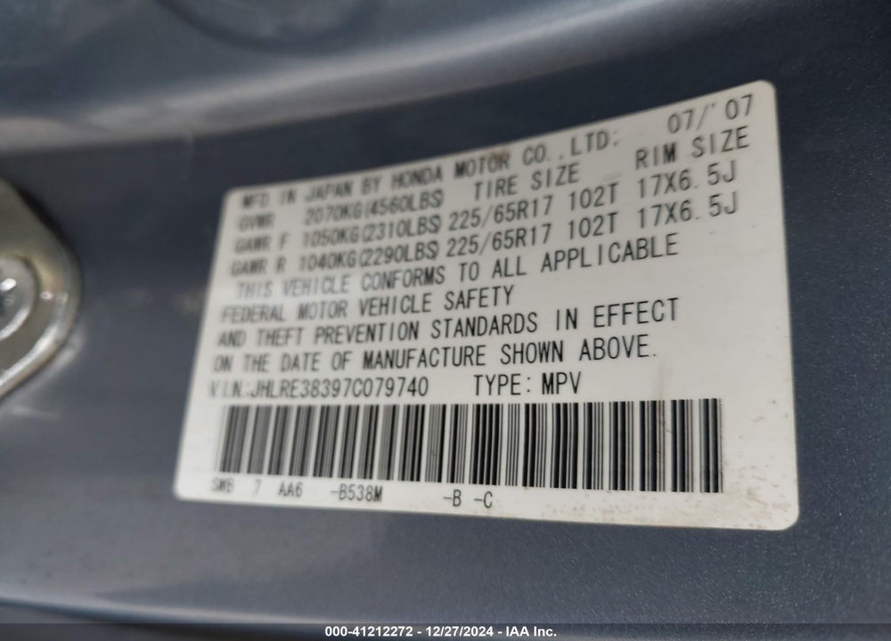 2007 HONDA CR-V LX VIN: JHLRE38397C079740