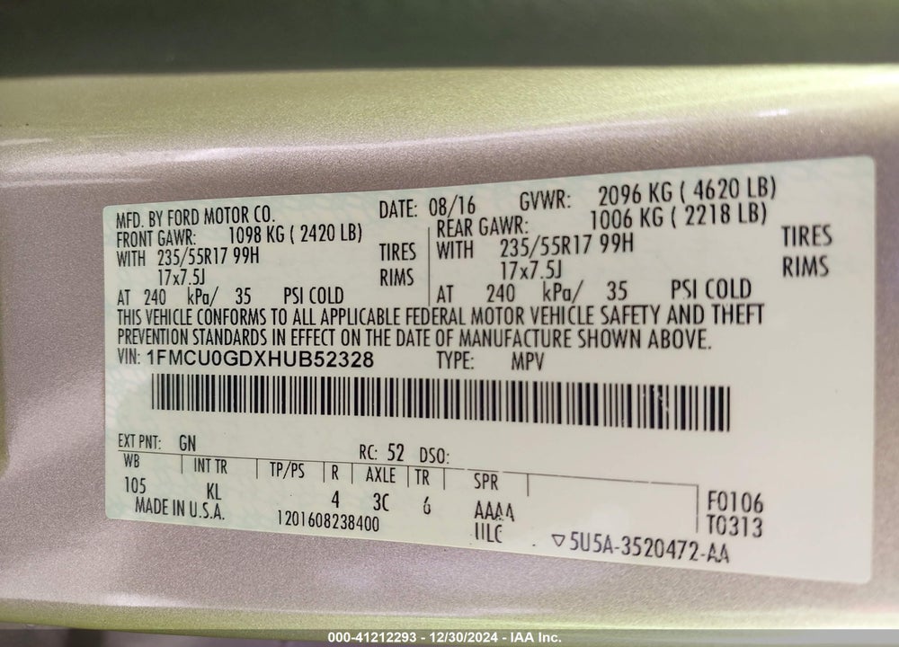 2017 FORD ESCAPE VIN: 1FMCU0GDXHUB52328