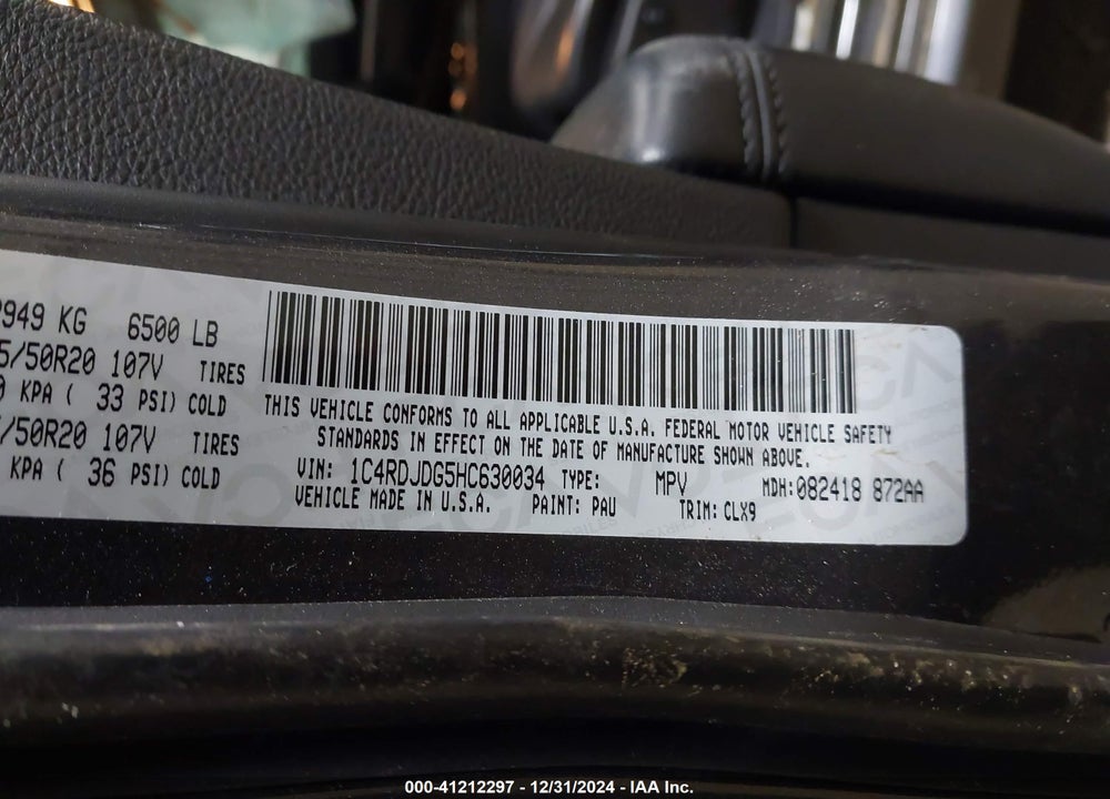 2017 DODGE DURANGO GT AWD VIN: 1C4RDJDG5HC630034