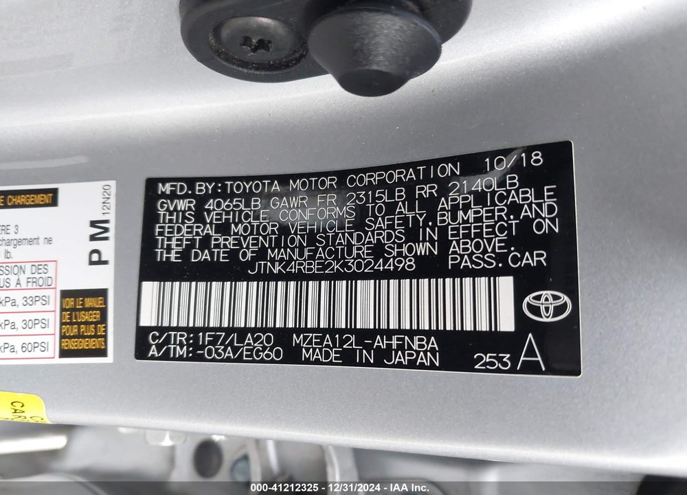 2019 TOYOTA COROLLA XSE VIN: JTNK4RBE2K3024498