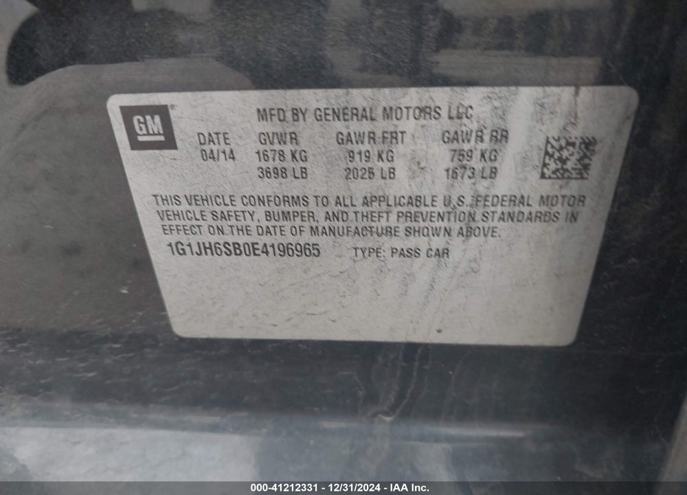 2014 CHEVROLET SONIC RS MANUAL VIN: 1G1JH6SB0E4196965