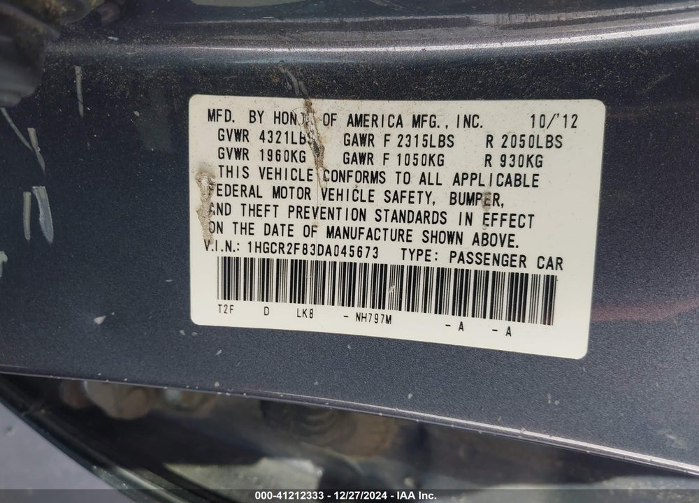 2013 HONDA ACCORD EX-L VIN: 1HGCR2F83DA045673