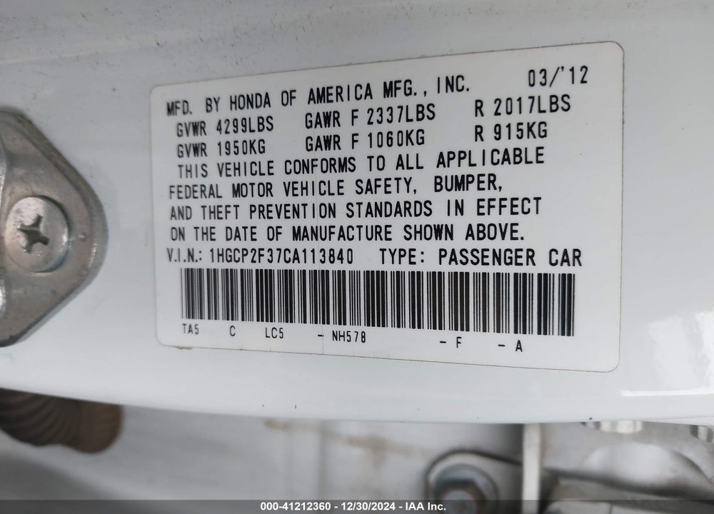 2012 HONDA ACCORD 2.4 LX VIN: 1HGCP2F37CA113840