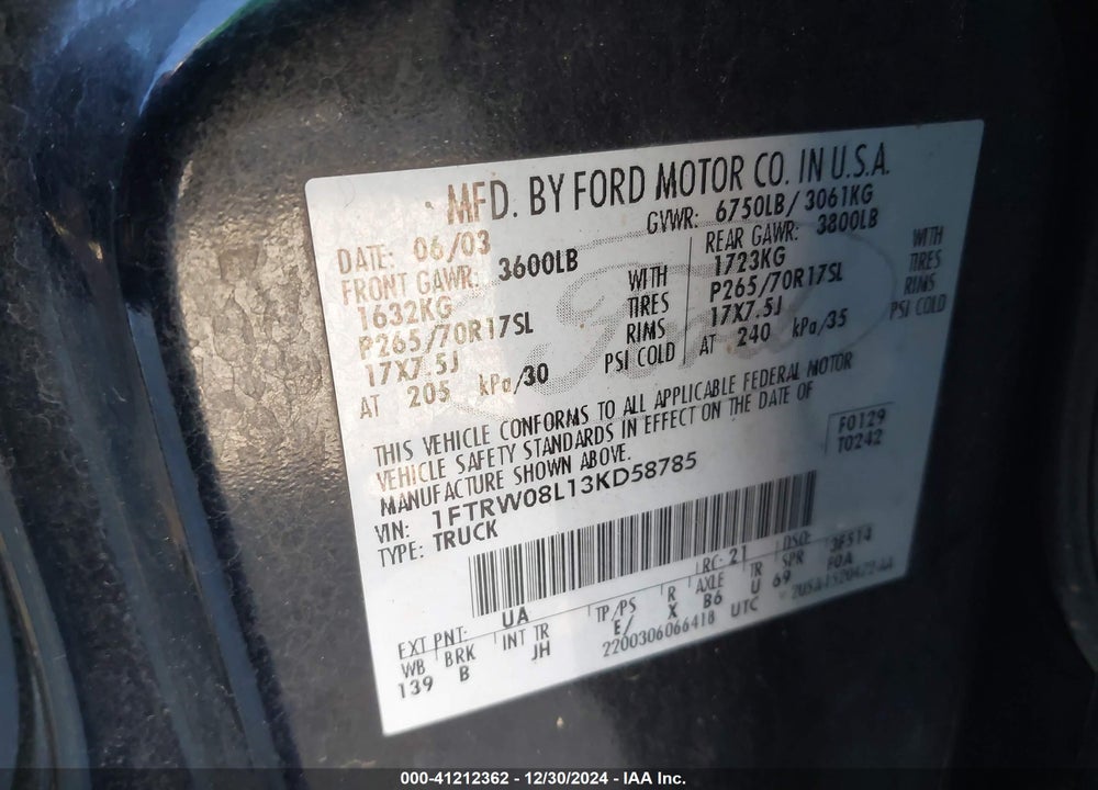 2003 FORD F-150 LARIAT/XLT VIN: 1FTRW08L13KD58785