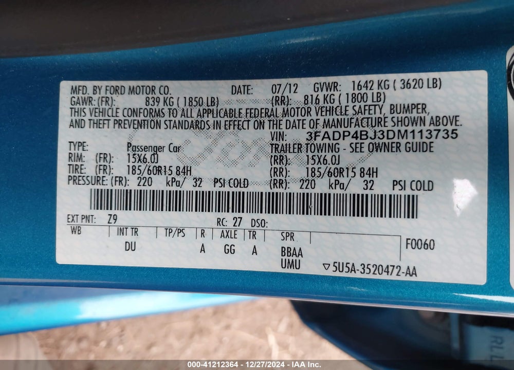 2013 FORD FIESTA SE VIN: 3FADP4BJ3DM113735