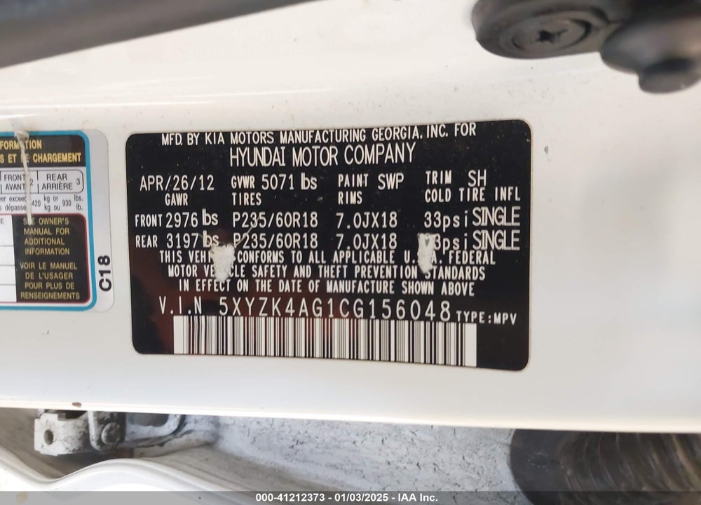 2012 HYUNDAI SANTA FE LIMITED VIN: 5XYZK4AG1CG156048